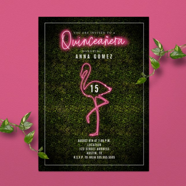 Convites Flamingo Quinceañera Luzes de Neon Rosa Caixa de B (Criador carregado)