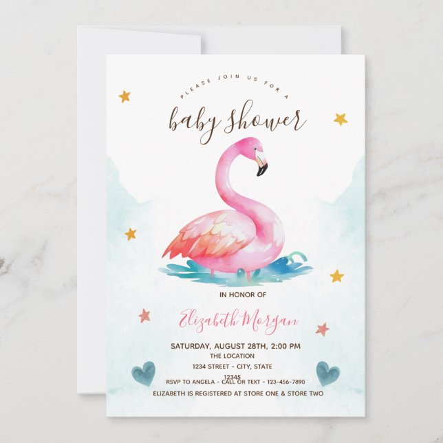 Convites Flamingo Rosa Adorável Estrelas Corações Chã de Be (Frente)