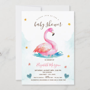 Convites Flamingo Rosa Adorável Estrelas Corações Chã de Be