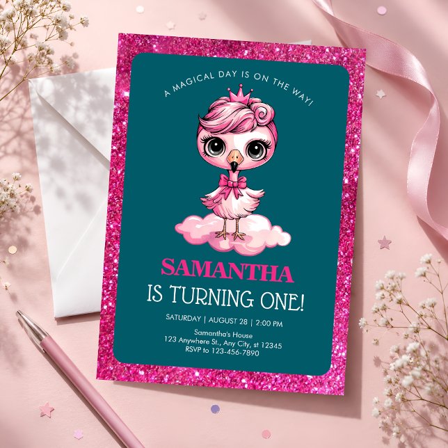 Convites Flamingo Rosa Aniversário de 1 ano (Criador carregado)