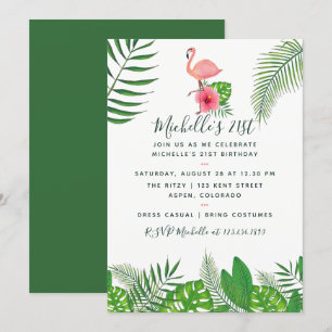Convites Flamingo Rosa Aquarela Tropical Aniversário de 21 
