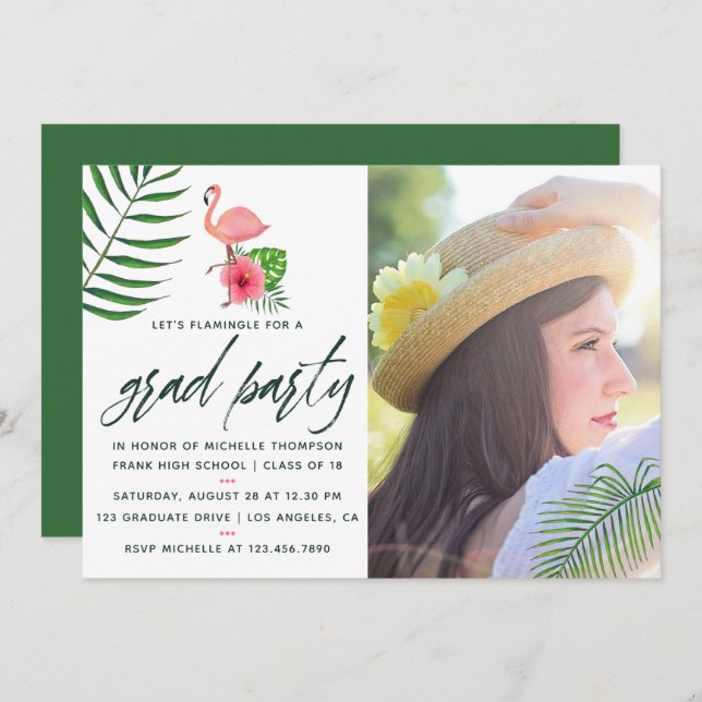 Convites Flamingo Rosa Aquarela Tropical Luau Formatura (Frente/Verso)