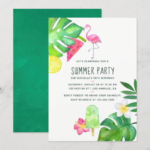 Convites Flamingo Rosa Aquarela Tropical Verão Aniversário