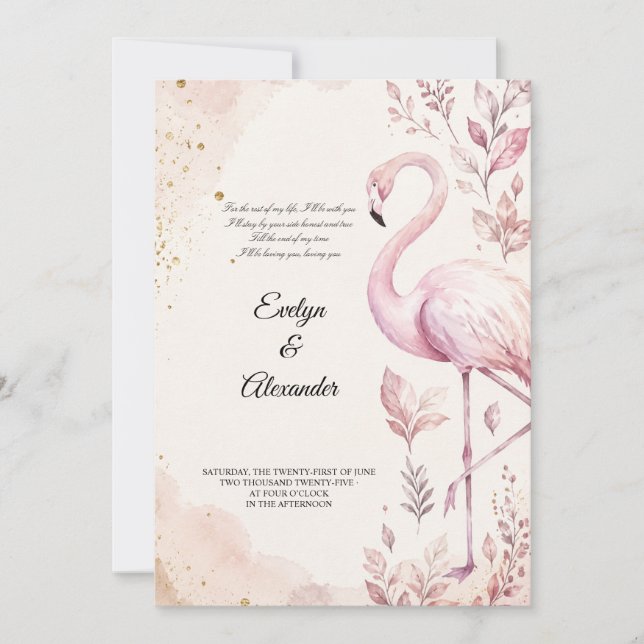 Convites Flamingo Rosa Bege Água Marrom Dourado Casamento  (Frente)