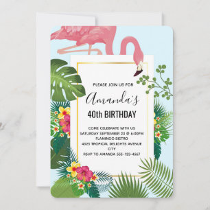 Convites Flamingo Rosa Elegante e Folhas Tropicais de Anive