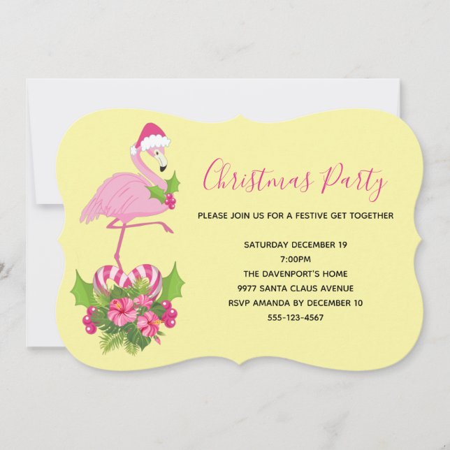 Convites Flamingo Rosa em Chapéu de Papai Noel Natal Capric (Frente)