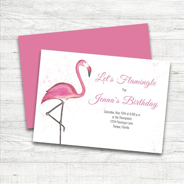 Convites Flamingo Rosa Festa de Aniversário Tropical Aquare (Pink flamingo birthday party invitation.)