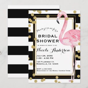 Convites Flamingo Rosa Listras Pretas e Brancas & Confetes 