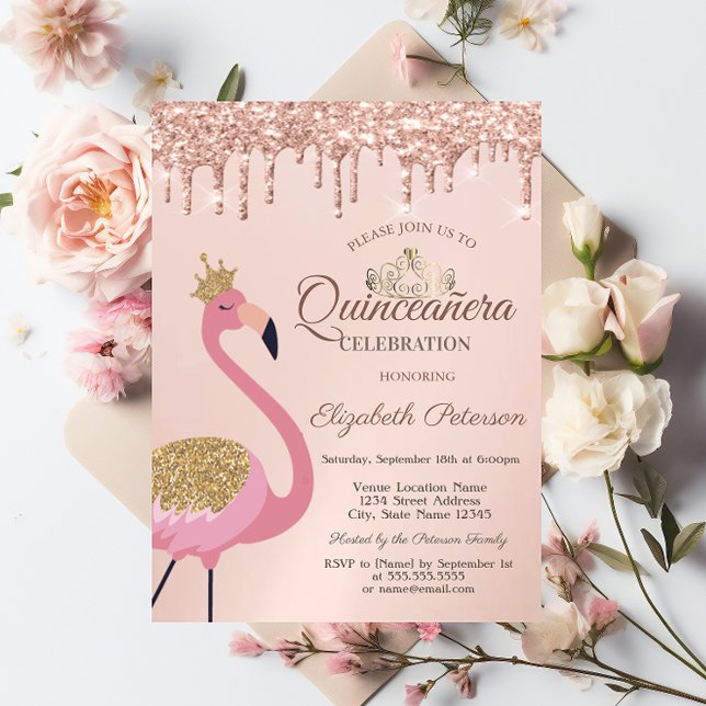 Convites Flamingo Rosa, Tiara, Gotas de Dourado Rosa Quince (Criador carregado)