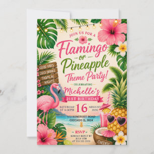 Convites Flamingo Tropical Abacaxi Aniversário de 21 Anos