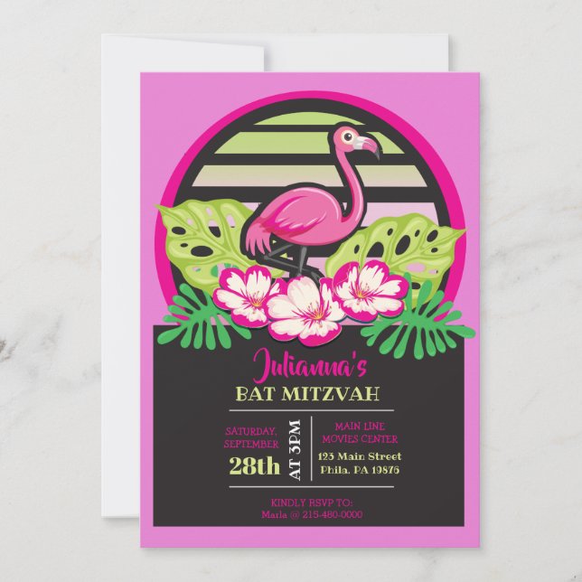Convites FLAMINGO Tropical Bat Mitzvah, PINK QUENTE, Convit (Frente)