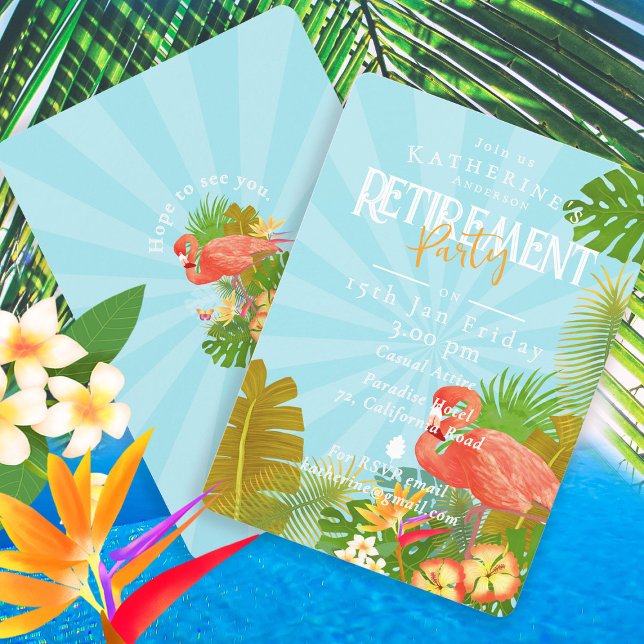 Convites Flamingo Tropical Blue Retirement  (Flamingo Tropical Retirement Party Invitation Card.)