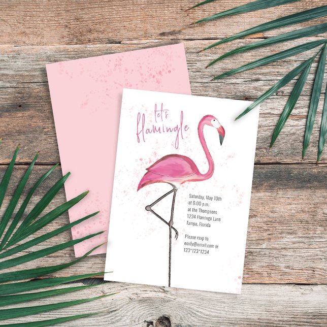 Convites Flamingo Tropical de Praia Rosa de Água (Pink flamingo watercolor "Let's Flamingle" Invitation with pink watercolor speckles.)
