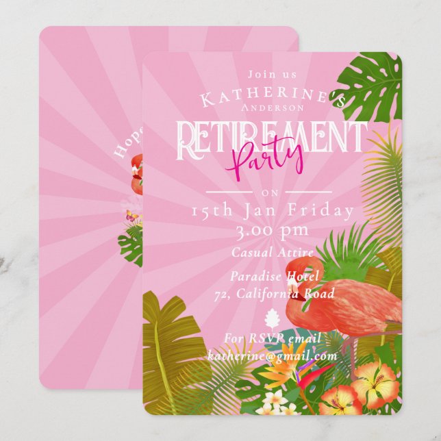 Convites Flamingo Tropical Pink Retirement  (Frente/Verso)