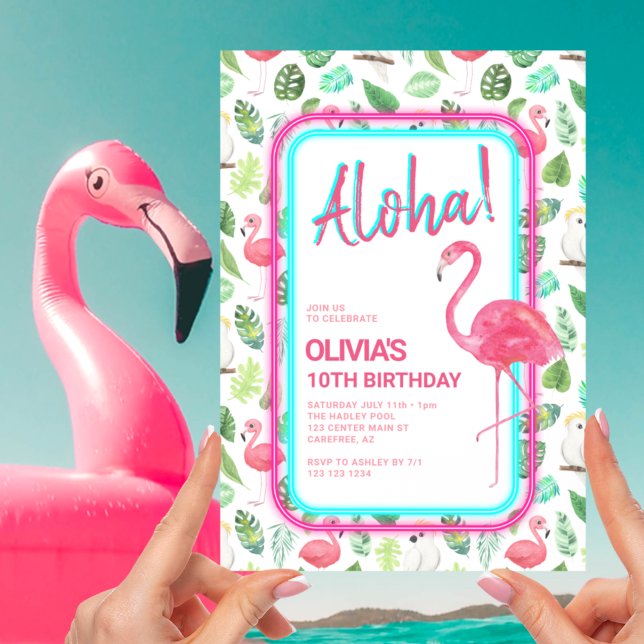 Convites Flamingo Tropical Rosa Aloha Aniversário (Criador carregado)
