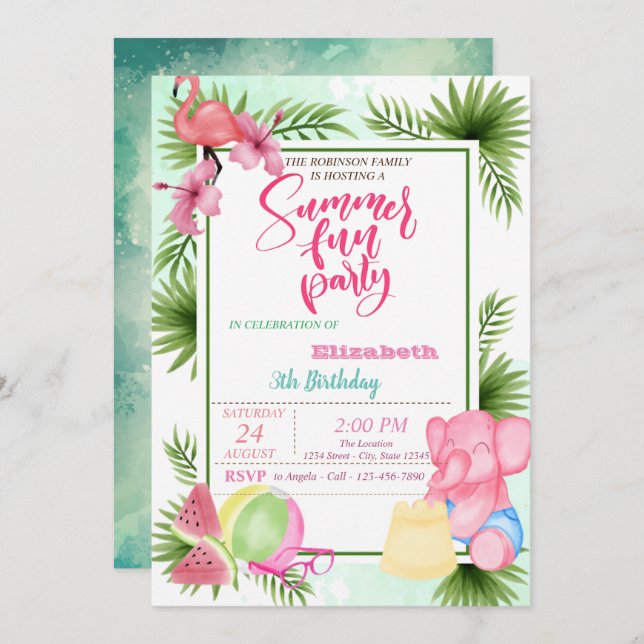 Convites Flamingo, Watermelon Palm Leaf Summer Birday (Frente/Verso)