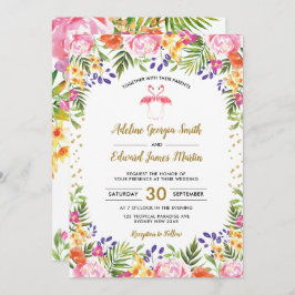 Convites Flamingo Wedding Tropical Palm Folm Dourada