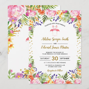 Convites Flamingo Wedding Tropical Palm Folm Dourada