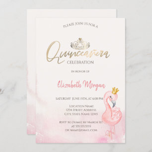 Convites Flamingos cor-de-rosa Dourada Tiara Quinceañera