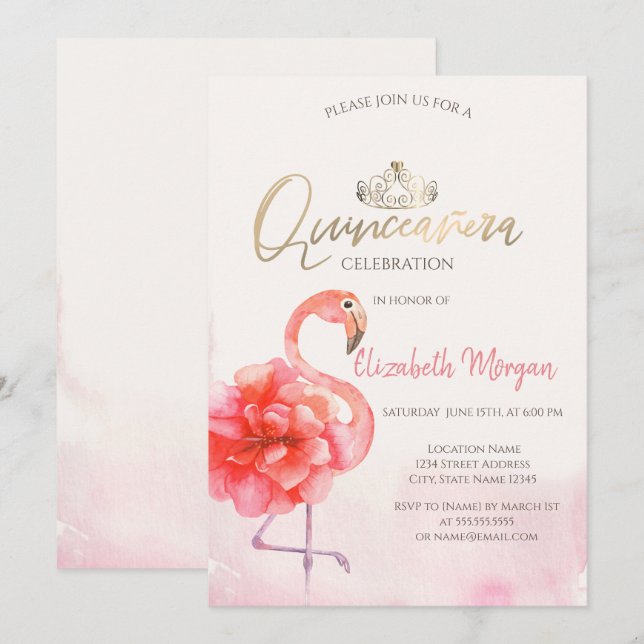 Convites Flamingos cor-de-rosa Dourado Tiara Quinceañera (Frente/Verso)