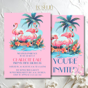 Convites Flamingos na Praia Aniversário Tropical Verão