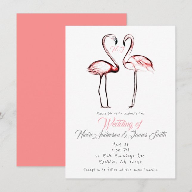 Convites Flamingos Rosa Bege Elegante Casamento (Frente/Verso)