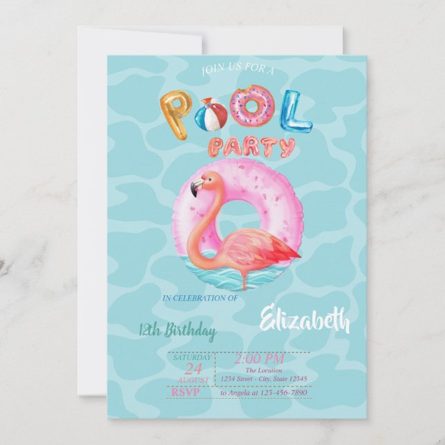 Convites Flamingos Rosa Caprichosos Boia de Piscina Verão (Frente)