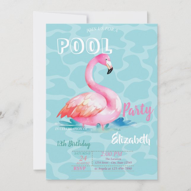 Convites Flamingos Rosa Cool Piscina Verão Aniversário (Frente)