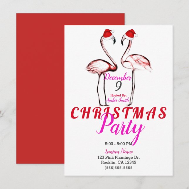 Convites Flamingos Rosa em Chapéus de Natal Festa de Natal (Frente/Verso)