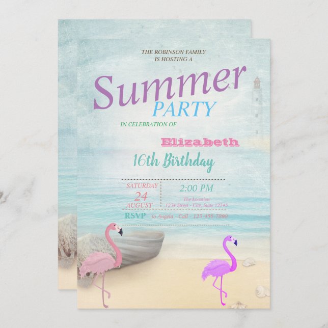 Convites Flamingos Summer Boat Lighthouse Festa de aniversá (Frente/Verso)