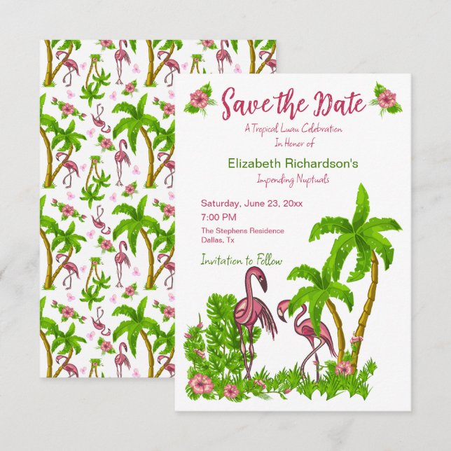 Convites Flamingos Tropicais e Flores Guardam a Data (Frente/Verso)