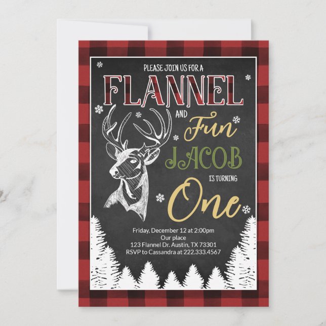 Convites Flannel e Divertido Primeiro Aniversário (Frente)