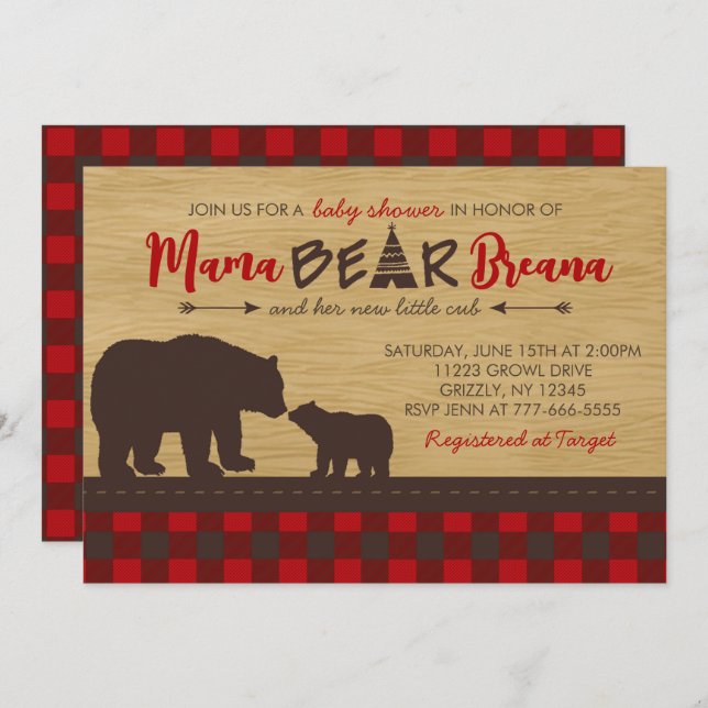 Convites Flannel Mama Bear Bear Shower (Frente/Verso)