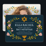 Convites Flaoral Wreath Bat Mitzvah Personalizado desenhado<br><div class="desc">Cartão perfeito para anunciar um bar mitzvah, bat mitzvah ou outra celebração judaica! Mão fez arte para você! TOTALMENTE PERSONALIZÁVEL! Clique em "Personalizar" acima para editar o texto e adicionar sua própria foto ao verso. Clique em "editar usando a ferramenta design" para ajustar as fontes, cores e posicionamentos. Você também...</div>
