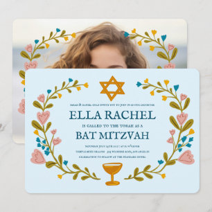 Convites Flaoral Wreath Bat Mitzvah Personalizado desenhado