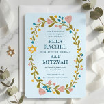 Convites Flaoral Wreath Bat Mitzvah Personalizado desenhado<br><div class="desc">Cartão perfeito para anunciar um bar mitzvah, bat mitzvah ou outra celebração judaica! Mão fez arte para você! TOTALMENTE PERSONALIZÁVEL! Clique em "Personalizar" acima para editar o texto. Clique em "editar usando a ferramenta design" para ajustar as fontes, cores e posicionamentos. Você também pode mudar facilmente o estilo da placa...</div>