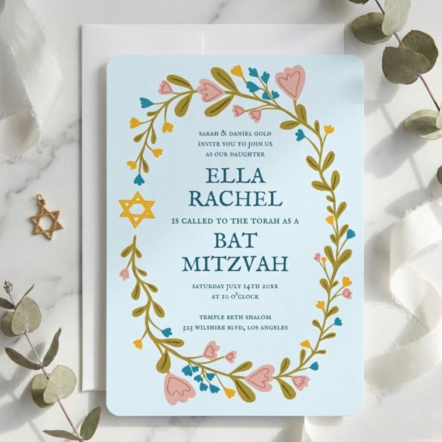 Convites Flaoral Wreath Bat Mitzvah Personalizado desenhado (Floral Wreath Bat Mitzvah Hand-drawn Custom Invitation
)