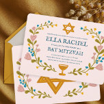 Convites Flaoral Wreath Bat Mitzvah Personalizado desenhado<br><div class="desc">Cartão perfeito para anunciar um bar mitzvah, bat mitzvah ou outra celebração judaica! Mão fez arte para você! TOTALMENTE PERSONALIZÁVEL! Clique em "Personalizar" acima para editar o texto. Clique em "editar usando a ferramenta design" para ajustar as fontes, cores e posicionamentos. Você também pode mudar facilmente o estilo da placa...</div>