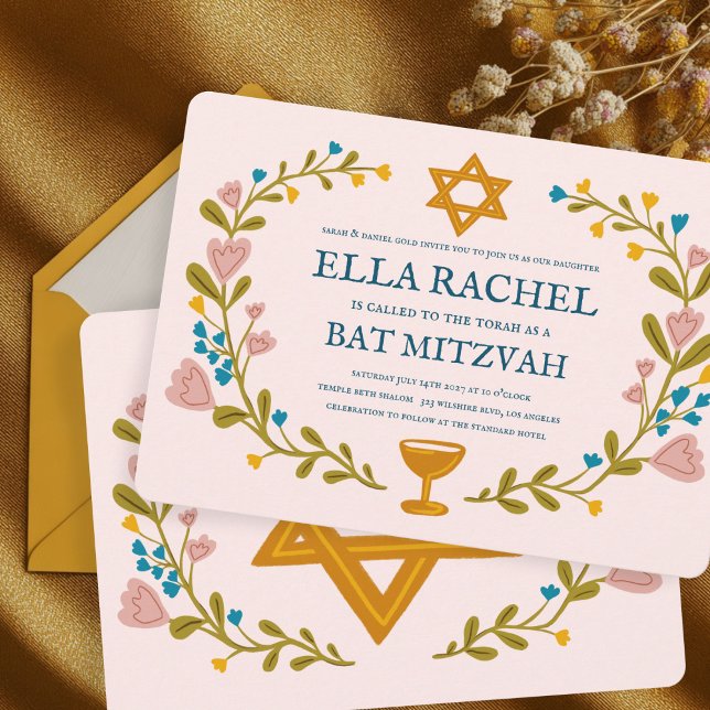 Convites Flaoral Wreath Bat Mitzvah Personalizado desenhado (Floral Wreath Bat Mitzvah Hand-drawn Custom Invitation
)