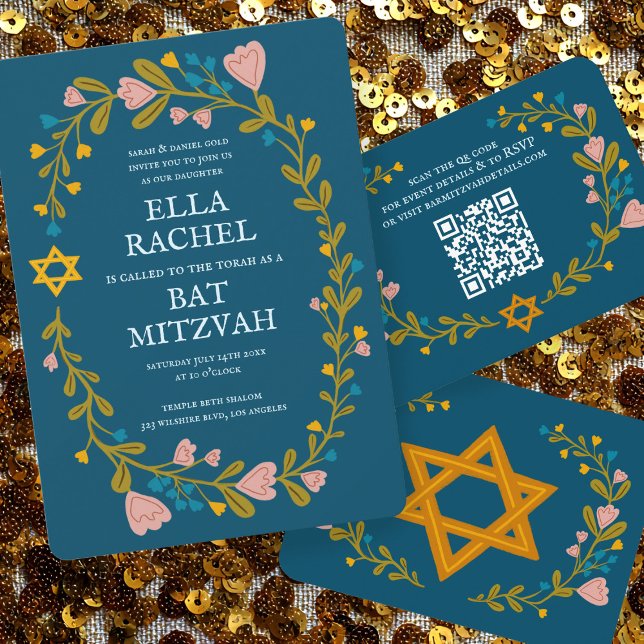 Convites Flaoral Wreath Bat Mitzvah Personalizado desenhado (Floral Wreath Bat Mitzvah Hand-drawn Custom Invitation
)