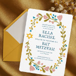 Convites Flaoral Wreath Bat Mitzvah Personalizado desenhado<br><div class="desc">Cartão perfeito para anunciar um bar mitzvah, bat mitzvah ou outra celebração judaica! Mão fez arte para você! TOTALMENTE PERSONALIZÁVEL! Clique em "Personalizar" acima para editar o texto. Clique em "editar usando a ferramenta design" para ajustar as fontes, cores e posicionamentos. Você também pode mudar facilmente o estilo da placa...</div>