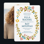 Convites Flaoral Wreath Bat Mitzvah Personalizado desenhado<br><div class="desc">Cartão perfeito para anunciar um bar mitzvah, bat mitzvah ou outra celebração judaica! Mão fez arte para você! TOTALMENTE PERSONALIZÁVEL! Clique em "Personalizar" acima para editar o texto e adicionar sua própria foto ao verso. Clique em "editar usando a ferramenta design" para ajustar as fontes, cores e posicionamentos. Você também...</div>