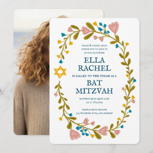 Convites Flaoral Wreath Bat Mitzvah Personalizado desenhado