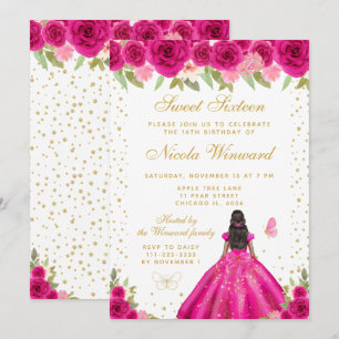 Convites Flares Rosa Quente Floral Princesa de Pele Morena