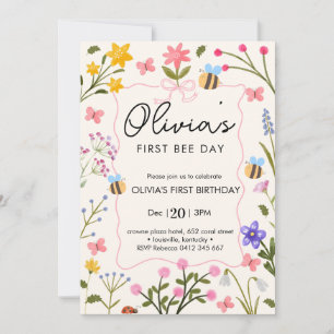 Convites Flauta Bee flores silvestres Primeiro Aniversário