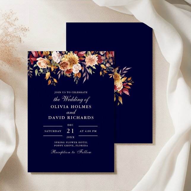 Convites Flauta de Casamento com Laranja Queimada e Azul Ma (Modern Burnt Orange Navy Blue Wildflowers Wedding Invitation on an elegant silky tablecloth)