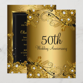 Convites Flauta Floral de Diamante Preto Ouro 50º Aniversár
