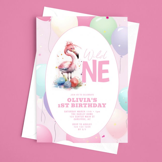 Convites Flauta Selvagem Bebê Flamingo 1º Aniversário (Criador carregado)