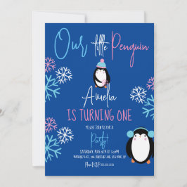Convites Flautas de Pinguim Rosa Azul Aniversário de 1 Ano