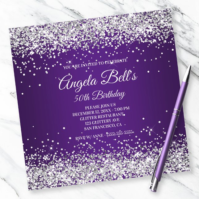 Convites Flaux Sparkly Silver Glitter Royal Purple Ombre (Criador carregado)